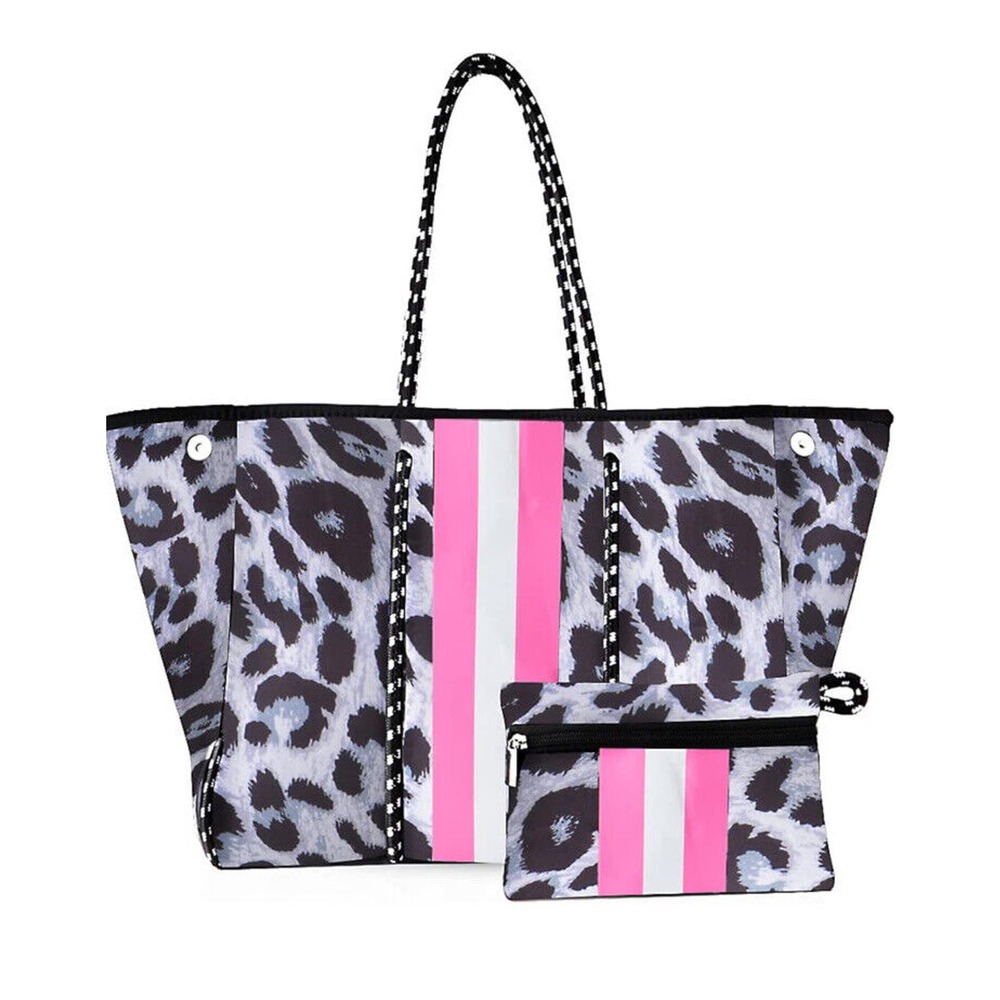 Termusail Large Tote Neoprene Beach Washable Travel Bag W/Pouch Leopard Black